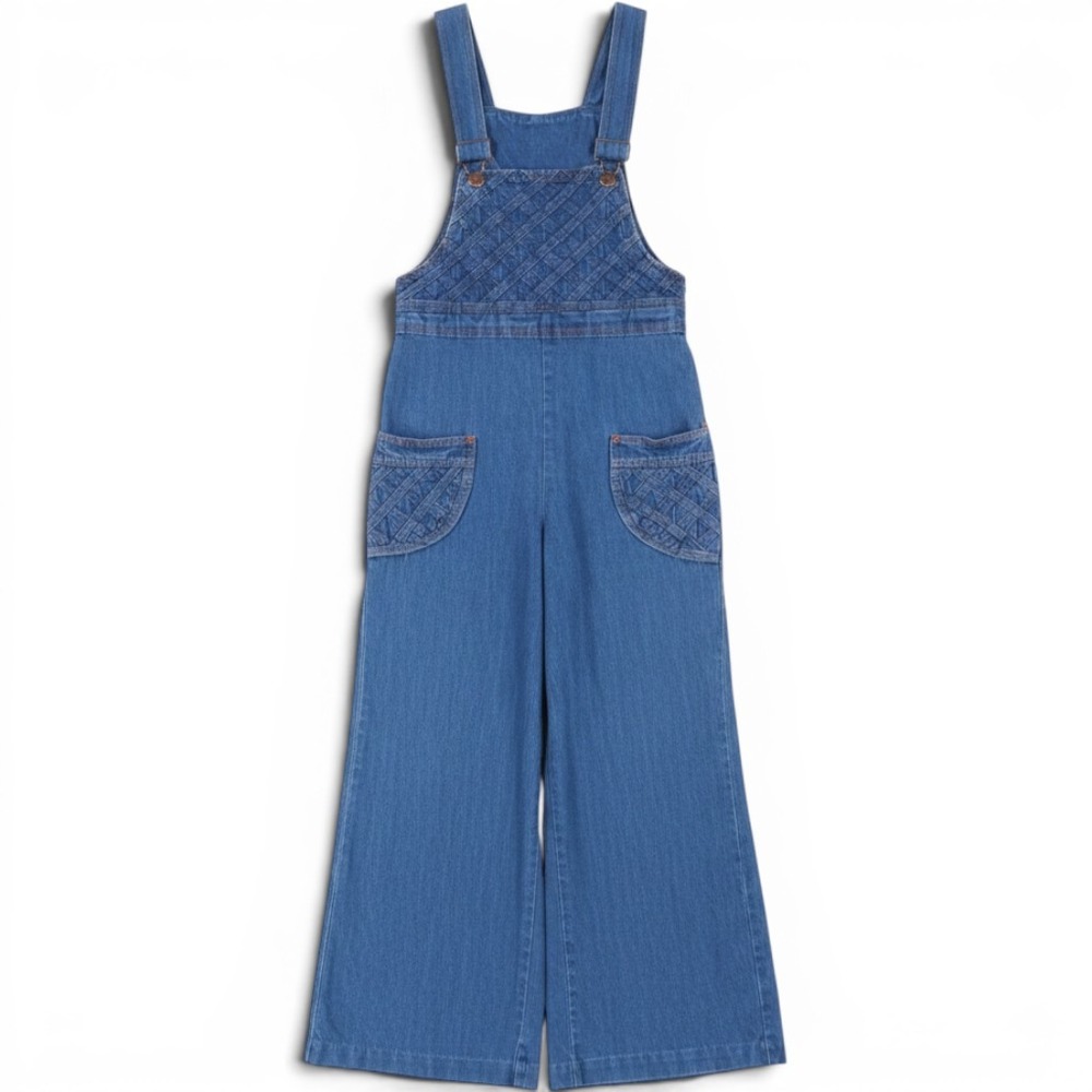 h.i.s. Denim Overalls Women XS Blue Lattice Quilted Wide Leg Vintage 70s Kidcore